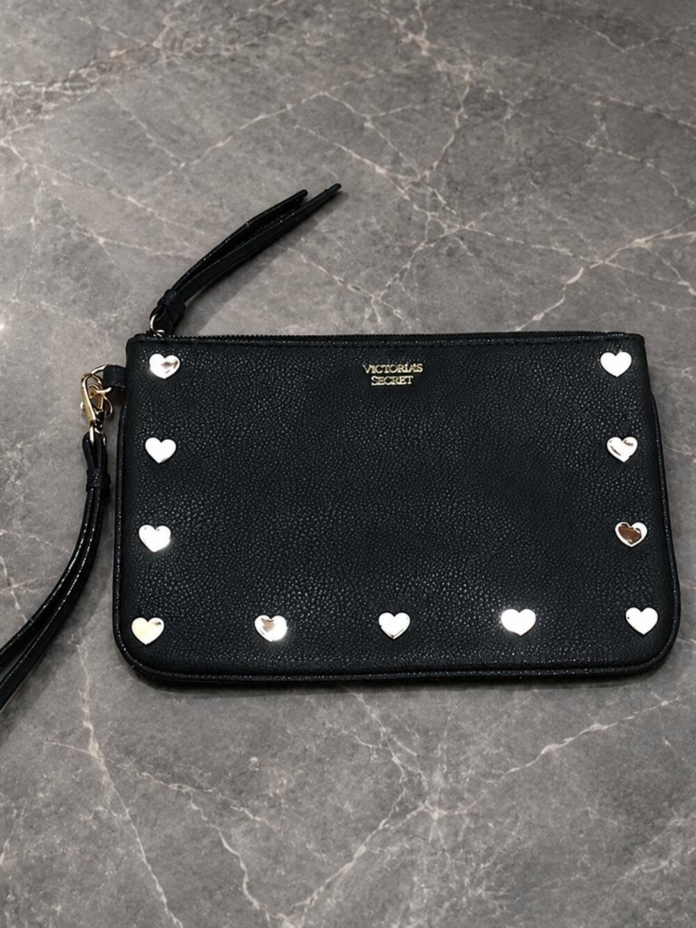 Victoria's Secret Black Wristlet with Gold Heart Accents